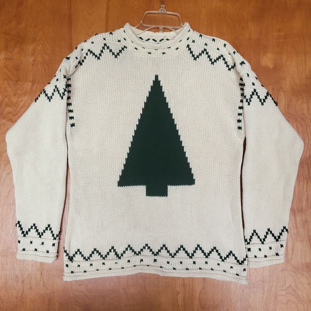 Vintage Roll Neck Christmas Tree Sweater Petite S 100% Cotton Pullover Fisherman